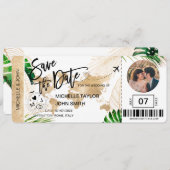 セーブ・ザ・デート 搭乗券 世界地図 ビーチ フォト 招待状 (正面/裏面)