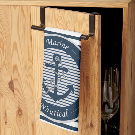 セーラストライプーいかりとロープを白い背景 キッチンタオル (三つ折り)