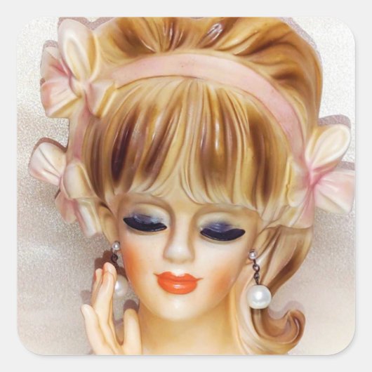 セーラーガールヘッド花瓶ピンク弓ロングブロンド髪 スクエアシール (正面)
