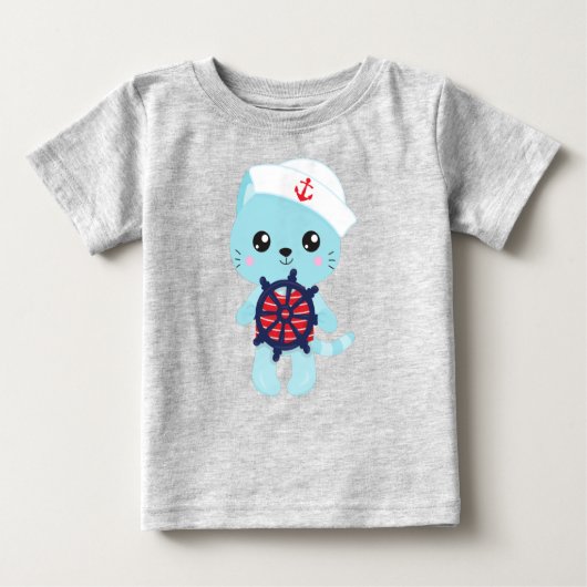 セーラーキャット、セーラーハット、ボートキャプテン、かわいい猫 ベビーTシャツ (正面)