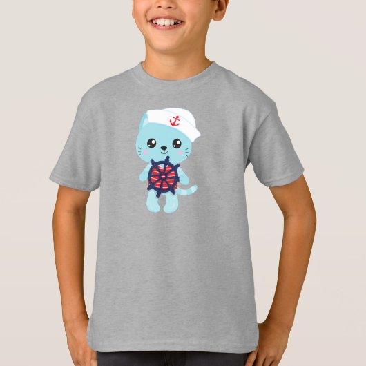 セーラーキャット、セーラーハット、ボートキャプテン、かわいい猫 Tシャツ (正面)