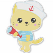 セーラーキャット、ボートキャプテン、セーラーハット、かわいい猫 シール (正面)