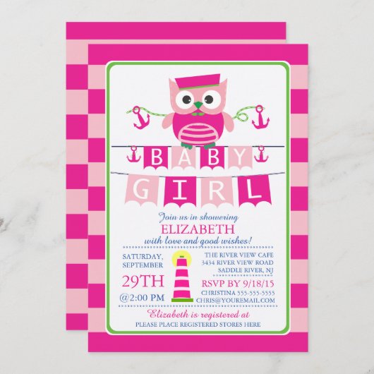 セーラーフクロウ航海のガールベビーシャワー招待状 招待状 (正面/裏面)