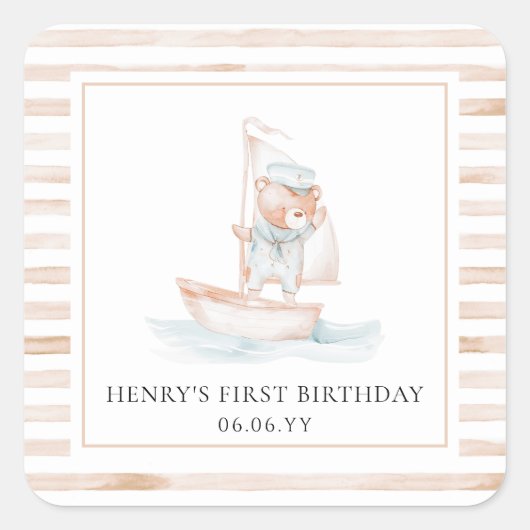 セーラーベアタンストライプ誕生日 スクエアシール (正面)