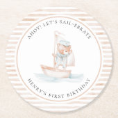セーラーベアタンストライプ誕生日 ラウンドペーパーコースター (正面)
