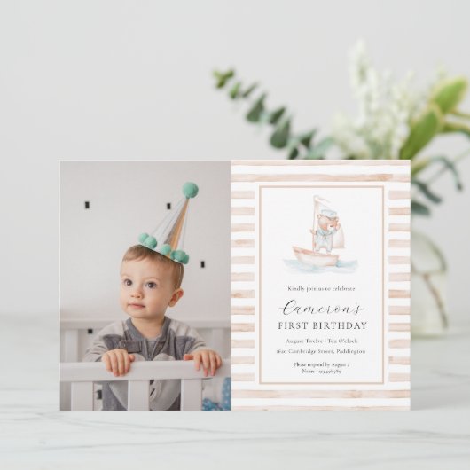 セーラーベアタンストライプ誕生日 招待状 (スタンド正面)