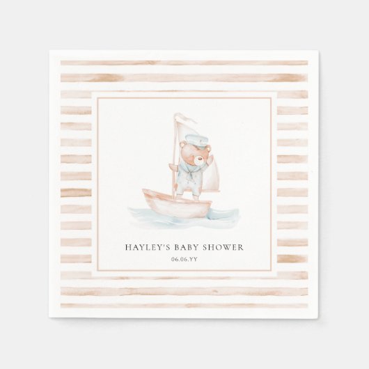 セーラーベアータンストライプベビーシャワー スタンダードカクテルナプキン (正面)