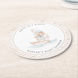 セーラーベアータンストライプベビーシャワー ラウンドペーパーコースター