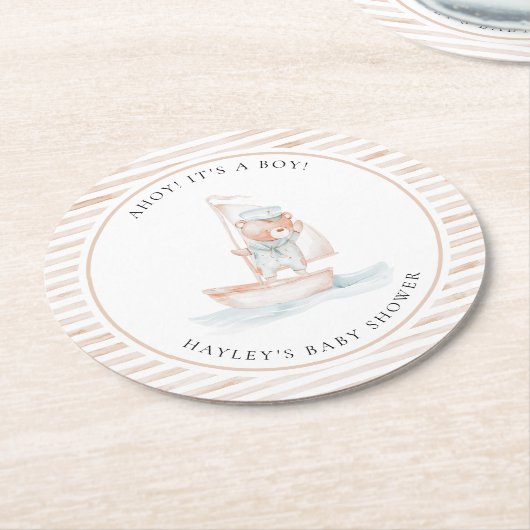 セーラーベアータンストライプベビーシャワー ラウンドペーパーコースター (アングル)