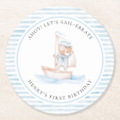 セーラーベアーブルーストライプ誕生日 ラウンドペーパーコースター (正面)