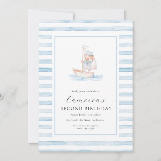 セーラーベアーブルーストライプ誕生日 招待状 (正面)