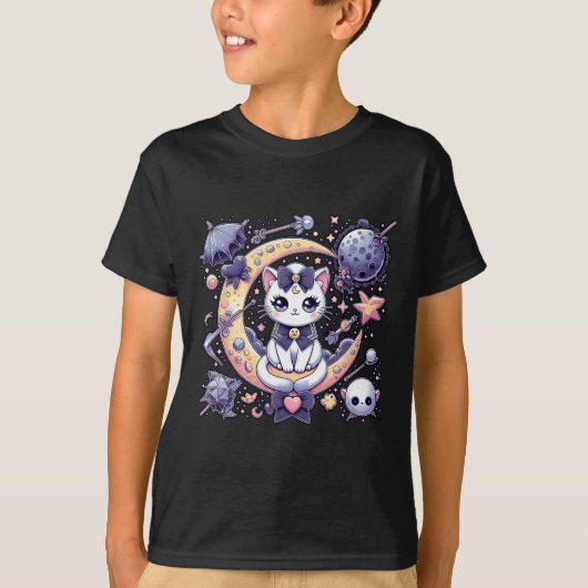 セーラームーかわいいムーンキャット宇宙魔法ゴシック風ハロ Tシャツ (正面)