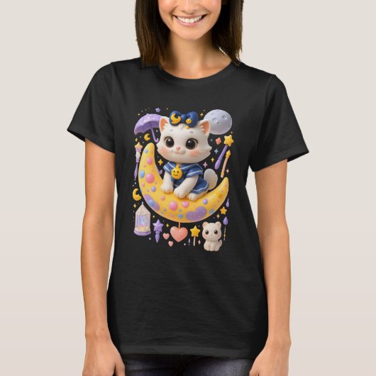 セーラームー白猫三日月のカウに座る Tシャツ (正面)