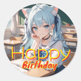 セーラー服を着た猫耳の少女 ラウンドシール