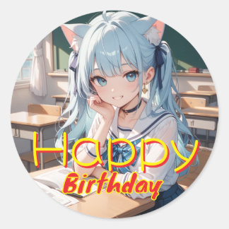 セーラー服を着た猫耳の少女 ラウンドシール