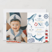 セーラー水彩クジラ 海 1歳誕生日 招待状 (正面)