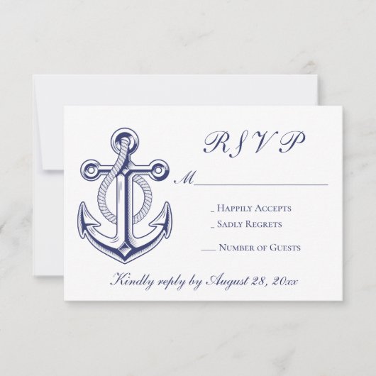 セーラー航海のネイビーブルーいかりRSVP結婚's 出欠カード (正面)