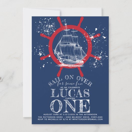 セーラー航海のファースト誕生日ブルー 招待状 (正面)