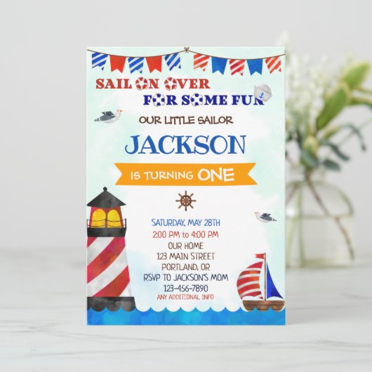 セーラー誕生日の招待ボーイ1歳の誕生日パーティー 招待状 (スタンド正面)