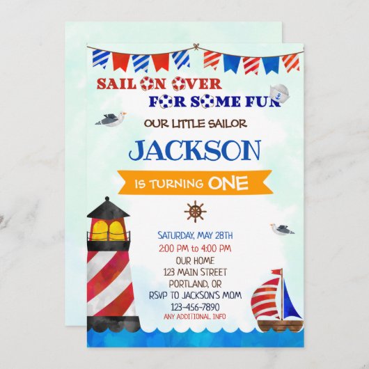 セーラー誕生日の招待ボーイ1歳の誕生日パーティー 招待状 (正面/裏面)