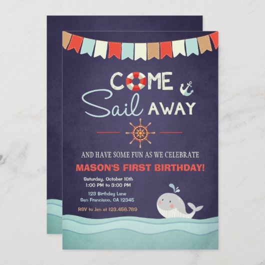 セーラー誕生日来インベクション遠くにセイル 招待状 (正面/裏面)