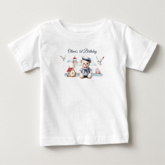 セーラ航海のーかわいいクマの男の子の誕生日 ベビーTシャツ (正面)