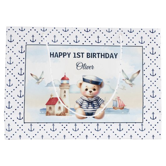 セーラ航海のーかわいいクマの男の子の誕生日 ラージペーパーバッグ (裏面)