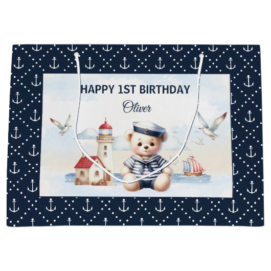 セーラ航海のーかわいいクマ海軍少年1歳の誕生日 ラージペーパーバッグ (正面)
