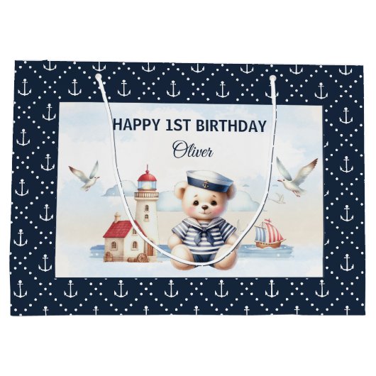 セーラ航海のーかわいいクマ海軍少年1歳の誕生日 ラージペーパーバッグ (裏面)