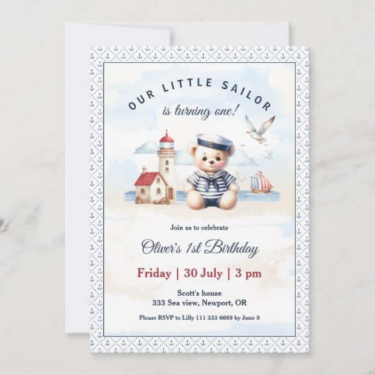 セーラ航海のーかわいいクマ1歳の誕生日招待状 招待状 (正面)