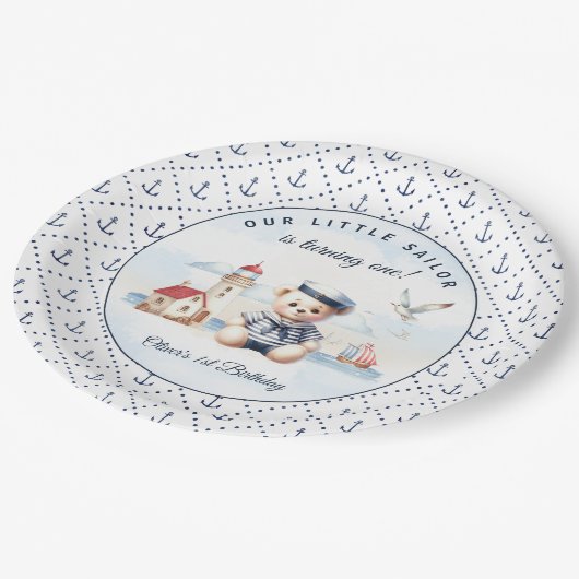セーラ航海のーベア1歳の誕生日いかりパターン ペーパープレート (アングル)