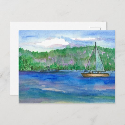 セーリングアルパインマウンテンレイクウォーターカラー ポストカード (正面/裏面)