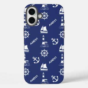 セーリングイラストレーションパターンホワイト+ネイビーブルー iPhone 16 PLUSケース