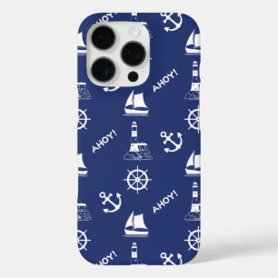 セーリングイラストレーションパターンホワイト+ネイビーブルー iPhone 16 PROケース