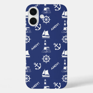 セーリングイラストレーションパターンホワイト+ネイビーブルー iPhone 16 PLUSケース