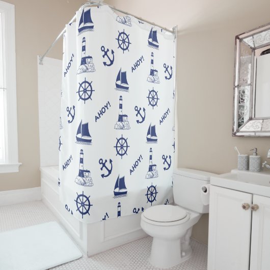 セーリングイラストレーションBig Ptn Navy Blue+透明 シャワーカーテン (インサイチュ)