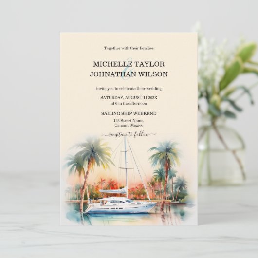 セーリングシップ目的地ウェディングパームツリーズビーチ 招待状 (スタンド正面)