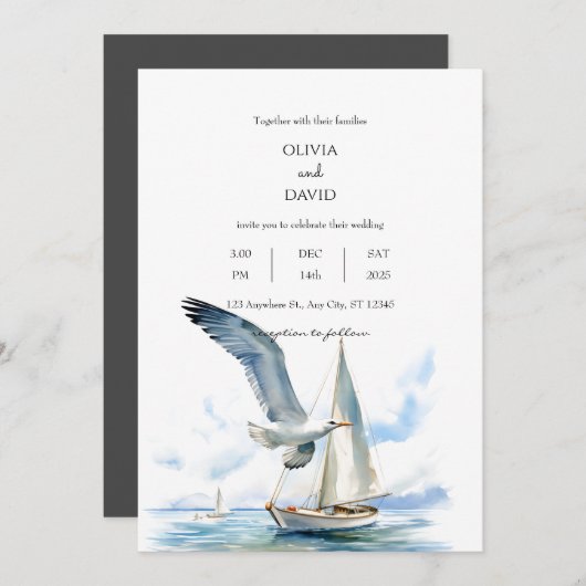 セーリングセーリングボートのクルーズとシーガル結婚海 招待状 (正面/裏面)
