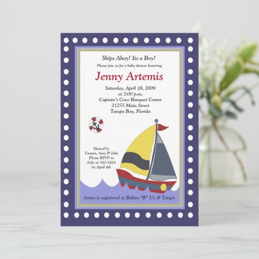 セーリングセーリングボート航海のボートベビーシャワー5x7 招待状 (スタンド正面)