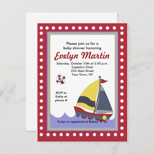 セーリングセールボート航海のベビーシャワー招待状 招待状 (正面/裏面)