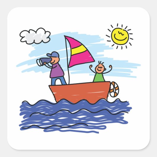 セーリングトリップイラストレーションセイルボートスクエアステッカー スクエアシール (正面)