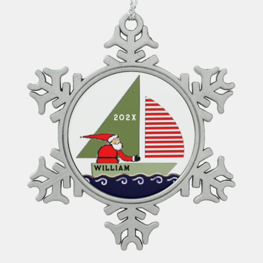 セーリングパーソナライズされたホリデーギフト スノーフレークピューターオーナメント (正面)