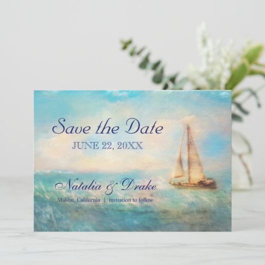 セーリングボートの海 | 海洋の水彩 ウェディング セーブザデート (スタンド正面)