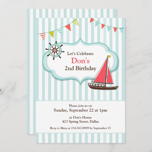 セーリングボートバースデーパーティーフラット招待状 招待状 (正面/裏面)