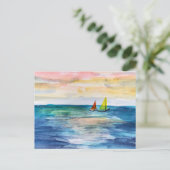 セーリングボート付き水彩夕日 シーズンポストカード (スタンド正面)