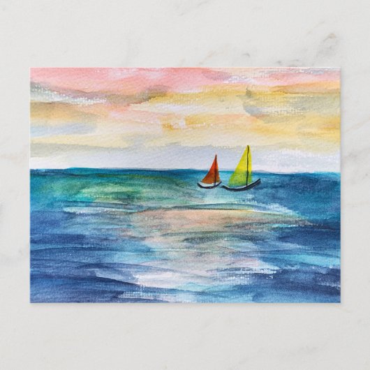 セーリングボート付き水彩夕日 シーズンポストカード (正面)
