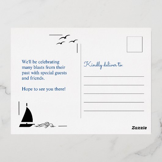 セーリングボート50周年結婚記念日ゴールド 箔招待状ポストカード (裏面)