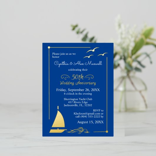 セーリングボート 50周年 結婚記念日 ゴールド 箔招待状ポストカード (立ち正面)
