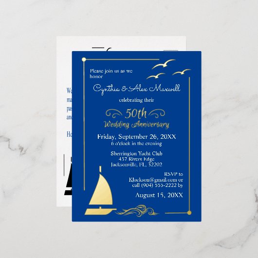 セーリングボート 50周年 結婚記念日 ゴールド 箔招待状ポストカード (正面/裏面)