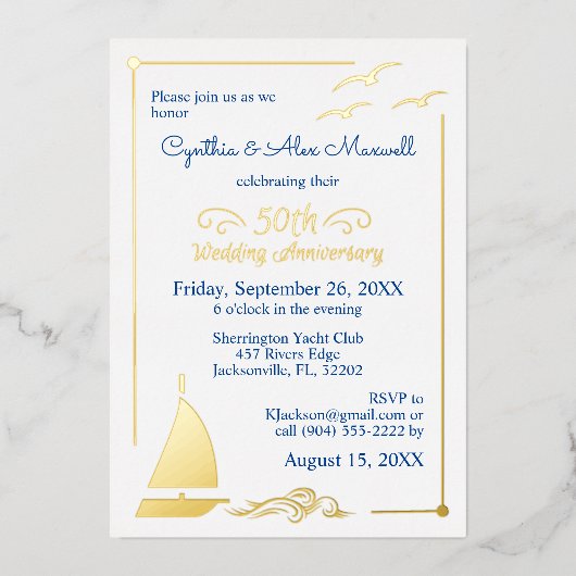 セーリングボート 50周年 結婚記念日 ゴールド 箔招待状 (正面)